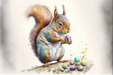 a painting of a squirrel eating an egg on a rock with eggs scattered around it on a white background with a white border around the edges of the image and the edges of the image.