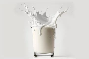 Gordijnen Fresh milk splash. Pouring milk into milk glass creating splash on a white background. Splashing is made by pouring into milk glass. Healthy food, Natural food, Fresh drink concept. © Carkhe