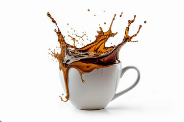 Pouring and splash coffee in white cup on isolated white background with clipping path. Splashing...