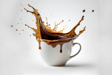 Pouring and splash coffee in white cup on isolated white background with clipping path. Splashing cup of coffee.