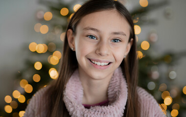 portrait of a smiling beautiful girl on festive bokeh background, happy child with white beautiful teeth