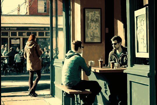 two men sitting at a table outside of a restaurant with a woman standing next to them and a man standing next to the table with a cup of coffee in front of the restaurant,.