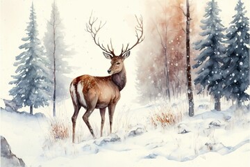 Naklejka na ściany i meble a painting of a deer standing in the snow in front of a pine tree forest with snow falling on the ground and snow falling on the ground and the ground and trees and snow on the ground.