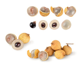 Set fresh longan the skin is cut, whole, cut in half, with bone isolated on white background....