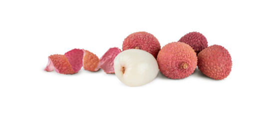 Set fresh lychee the skin is cut, whole, cut in half, with bone isolated on white background. Clipping Path. Full depth of field.