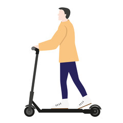 A dark-haired man in a light orange jacket and blue trousers on an electric scooter. Vector illustration