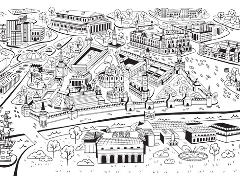 Outline map by Moscow Russia Skyline with black Buildings. Vector illustration isolate on white. Business Travel and Tourism Concept with Modern Architecture. Moscow Cityscape with Landmarks.