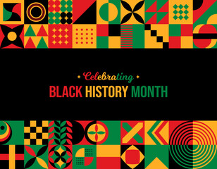 Celebrating Black History Month Abstract Background. February Awareness Celebration poster. Website header banner vector illustration. Neo Geometric pattern concept. Social media post, graphic design