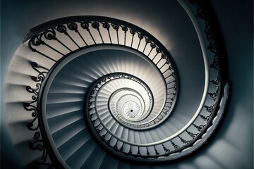 a spiral staircase in a building with a black and white photo of the top of the spiral stairs and the bottom part of the stairs with a black and white background of the bottom.