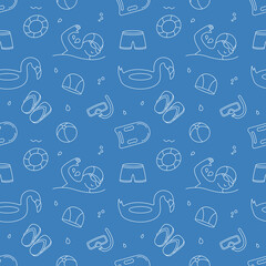 Swimming tools and objects doodle seamless pattern