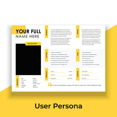 User Persona Document Template Vector Illustration. Examples of User Personas template. Persona Document. Persona Template for UI UX designer. User Persona vector horizontal template with blue color.