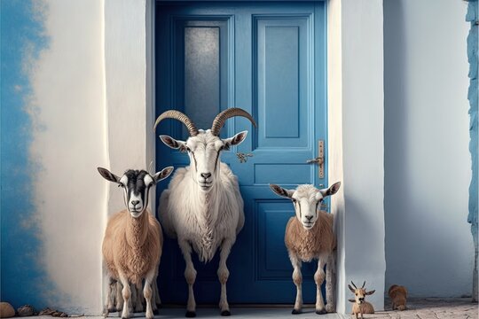 Eine Bock-Familie / Ziegen vor einer blauen T&uuml;r (Generative AI)
