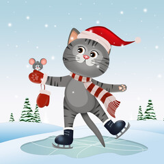 illustration of cat skating on ice
