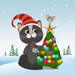 illustration of Christmas cat in the snow