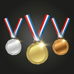 Set of gold, bronze and silver. Award medals isolated on transparent background. Vector illustration of winner concept.
