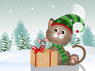 illustration of elf cat with Christmas gift