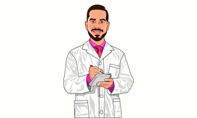 Professional male pharmacist doctor wearing white coat and pink shirt tie. man pharmacy doctor holding clipboard and writing on notebook with pen as analyst test