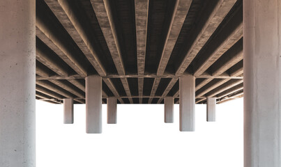 Bottom view of a reinforced concrete bridge with columns