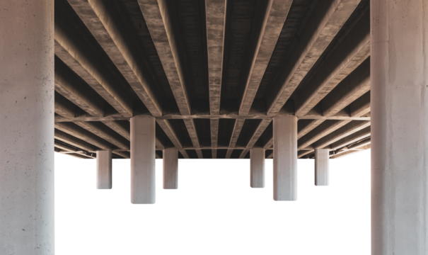 Bottom view of a reinforced concrete bridge with columns