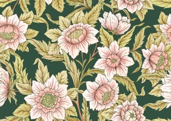 Fotobehang Decorative flowers and leaves in art nouveau style, vintage, old, retro style. Seamless pattern, background. Vector illustration. © Elen  Lane