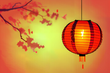 Obraz premium Red Chinese paper lantern, glowing on yellow and orange background with branches and leaves, artistic illustration.