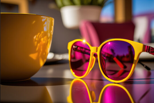close-up of yellow and vivid magenta sunglasses on a table