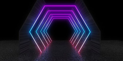 3D abstract background with neon lights. neon tunnel  .space construction . .3d illustration