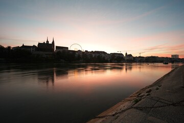 Fototapeta premium basel switzerland at rhine river in twilight.