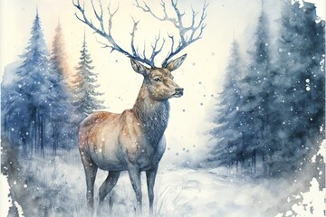 a painting of a deer standing in a snowy forest with trees and snow falling on it's ground and snow falling on its antlers, and branches, and snowing on the ground. generative ai