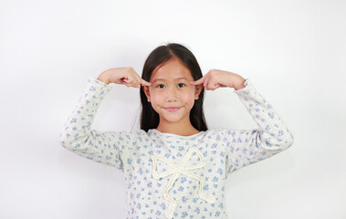 Asian young girl child think gesture with two index finger point brain head on white background.