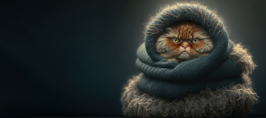 Naklejka na ściany i meble Angry cat wrapped in a scarf and a woolen shawl prepared for winter, on a gray background, with copy space, created with Generative AI technology. Close-up. 