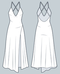 Asymmetric Dress technical fashion illustration. Strap maxi Dress fashion flat technical drawing template, front slit, side zip-up, front and back view, white color, women CAD mockup.