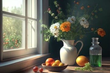 AI-generated illustration of a traditional food still life with soft window light. MidJourney.
