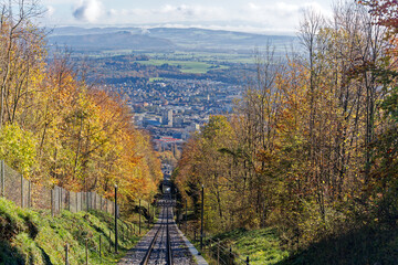 Aerial view of Swiss City of Biel Bienne seen from funicular Magglingen Macolin on a sunny autumn day. Photo taken November 10th, 2022, Magglingen Macolin, Switzerland.