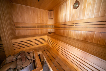 The interior of a Finnish sauna, a classic wooden sauna