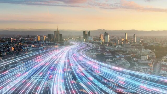 rays of light running through modern city aerial view fast internet,high speed optical fiber connection,global communication development 