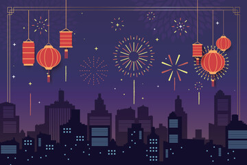 Chinese holiday celebration panorama with firework show city background design.