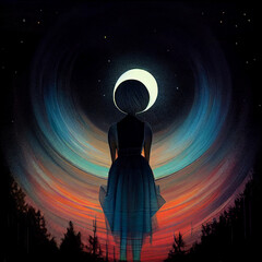 Mistycal siluette of a moongirl, circled ordering