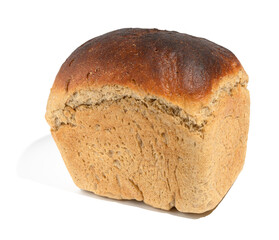 Baked rye flour bread in the shape of a brick on a white isolated background