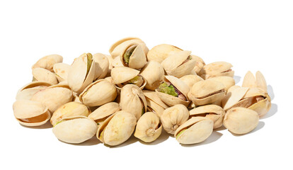 Salted open inshell pistachios isolated on a white background, tasty and healthy snack, close up