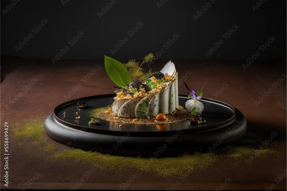 Poster a plate with a dessert on it on a table with a black background and a green leaf on top of it and a 