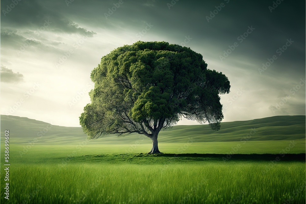 Poster a lone tree in a green field with a cloudy sky in the background, with a green field of grass in the