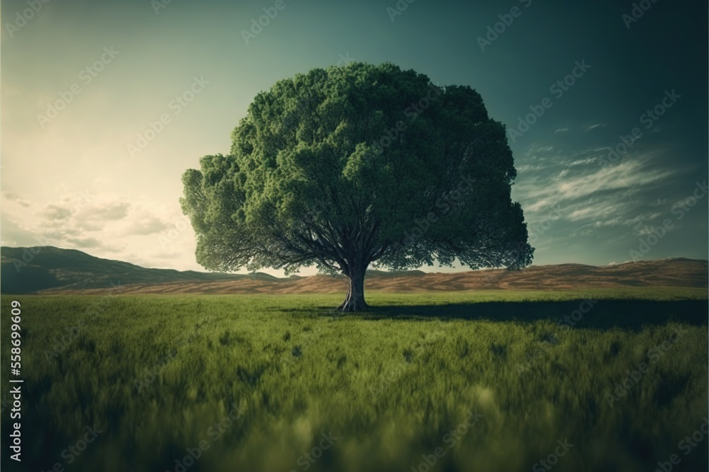 Poster a large tree in a grassy field with a sky background and a sun shining through the clouds above it, 