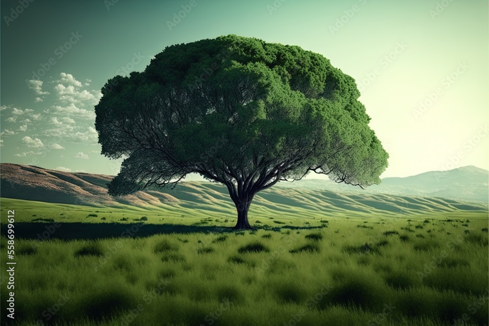Poster  a large tree in a grassy field with mountains in the background and a sky with clouds in the background, with a green field with grass and a few trees in the foreground, generative ai