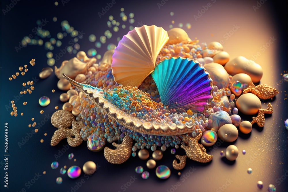 Poster  a colorful umbrella sitting on top of a pile of shells and pearls on a table top with bubbles and bubbles around it and a blue background with bubbles and bubbles and bubbles on the bottom.