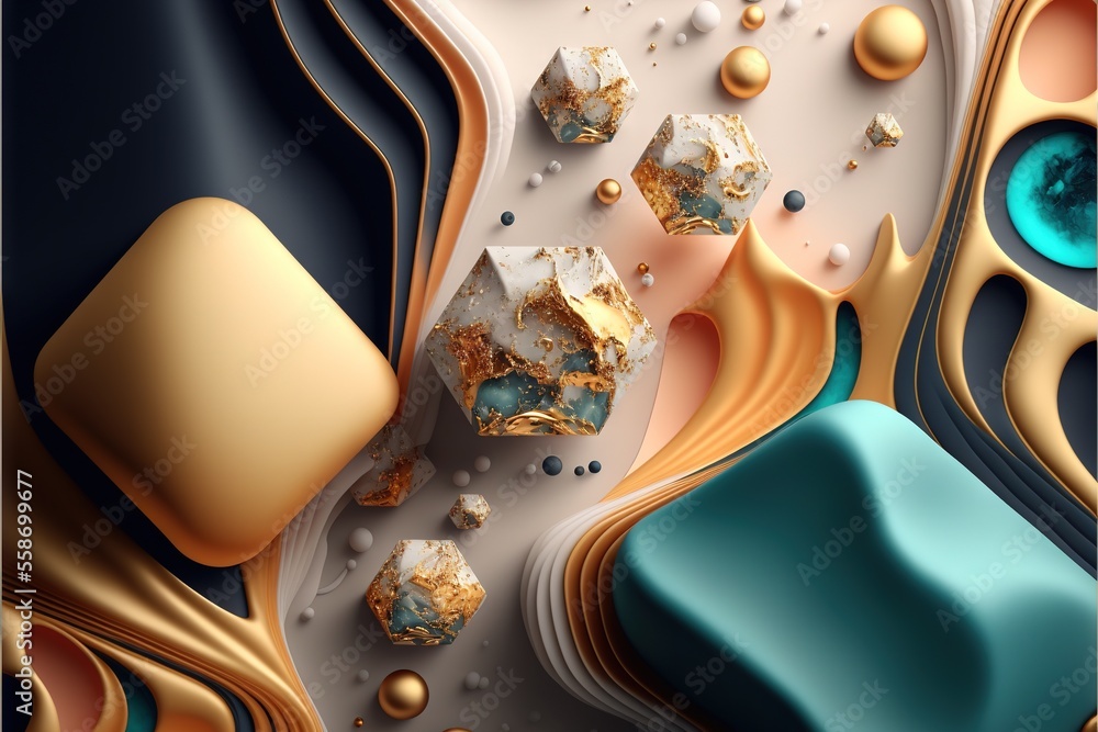 Poster a very colorful abstract painting with gold and blue colors and a blue circle in the center of the i