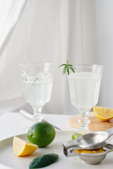 Lemon and lime citrus lemonade. Cooking process in a bright kitchen close-up