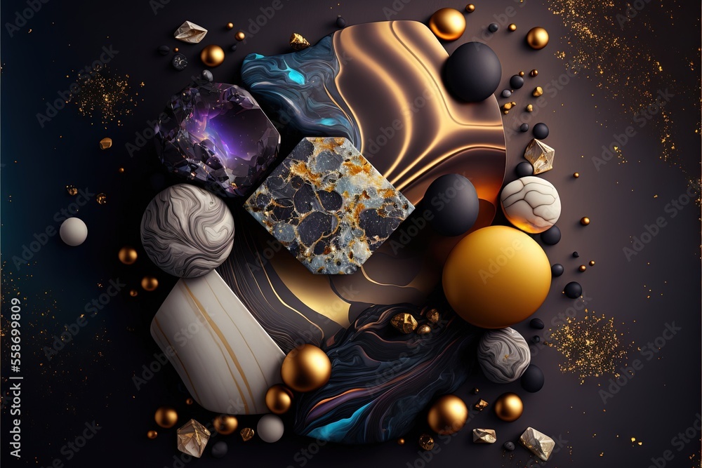 Poster a bunch of different objects that are on a table together, including a black background and gold and