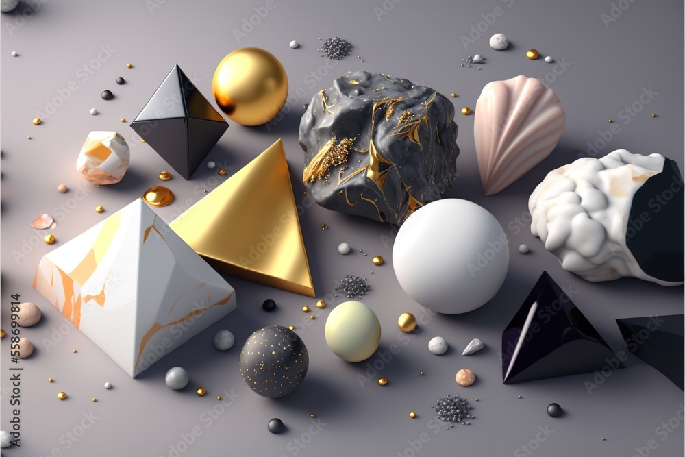 Poster a bunch of different shapes and sizes of objects on a table top with gold and silver decorations aro