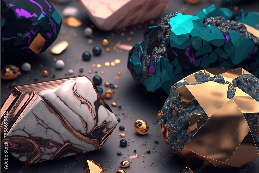 Aufkleber a group of different colored rocks and crystals on a table with gold and blue accents on it and a bl